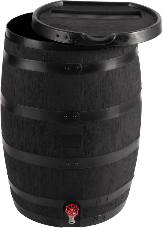 RTS Home Accents Premium 55-Gallon Eco Rain Barrel with Removable Lid, Flat Back Rain Water Collection Barrel, Made with 100% Recycled Plastic, Black