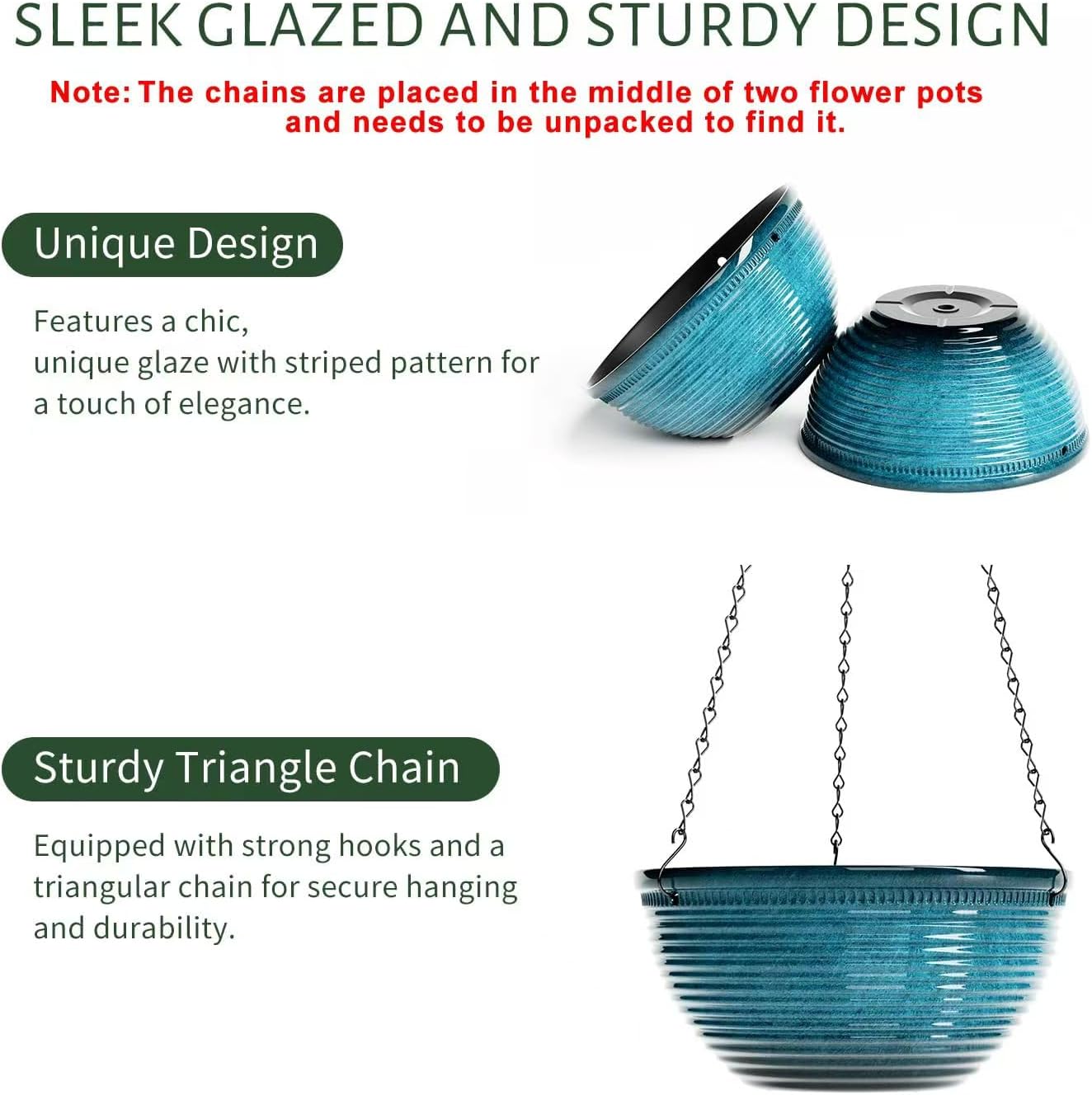 2 Pack Hanging Planters for Indoor Outdoor Plants, 10 Inch Hanging Planter with Drainage Hole & Plug Glazed Hanging Baskets Flower Pots for Garden Home (Blue)