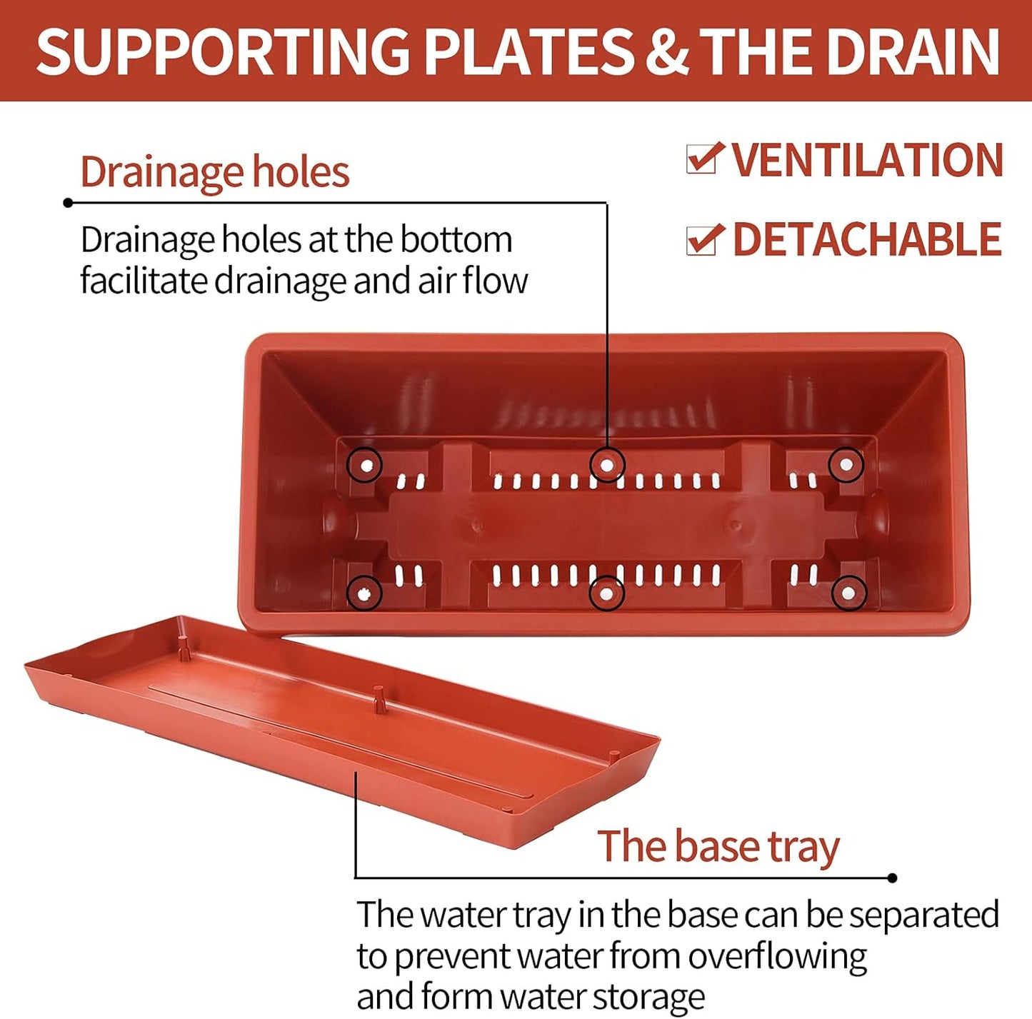 Window Box Planter, 7 Pack Plastic Vegetable Flower Planters Boxes 17 Inches Rectangular Flower Pots with Saucers for Indoor Outdoor Garden, Patio, Home Decor (Red)