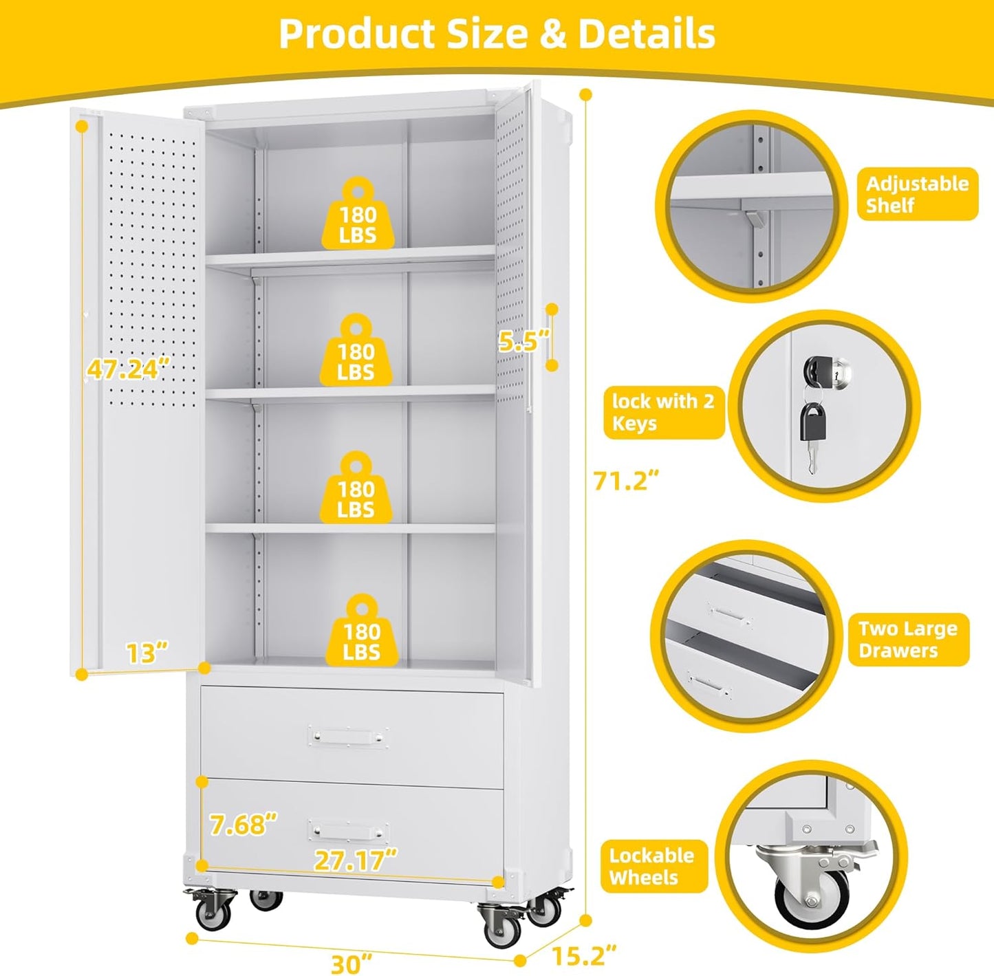 Aobabo 2 Large Drawer Metal Storage Cabinet with Wheels, Lockable Steel Storage Cabinet with 3 Adjustable Shelves with 6 Hooks for Home, Office, Garage, Classroom, White, Assembly Required