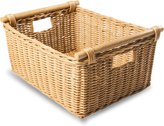 The Basket Lady Pole Handle Wicker Storage Basket, Medium, 16 in L x 12 in W x 8.25 in H, Sandstone