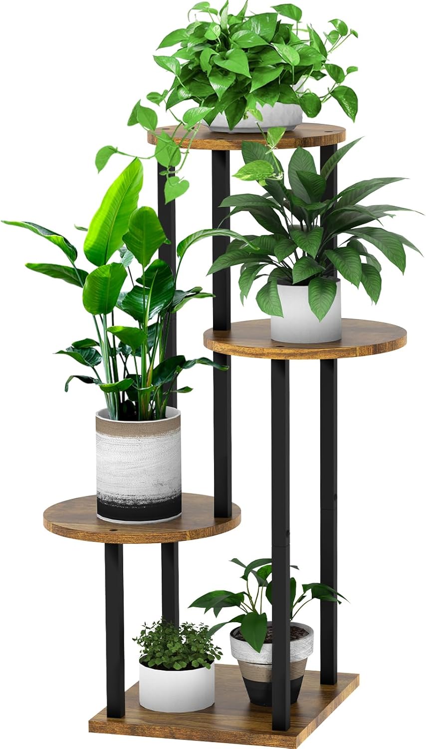 4 Tier Wood Tall Plant Stand Metal Rack Indoor, Multiple Flower Pot Holder Shelves Corner Rack, Round Planter Shelf Display Rack Storage Organizer for Patio Living Room Balcony(Black)