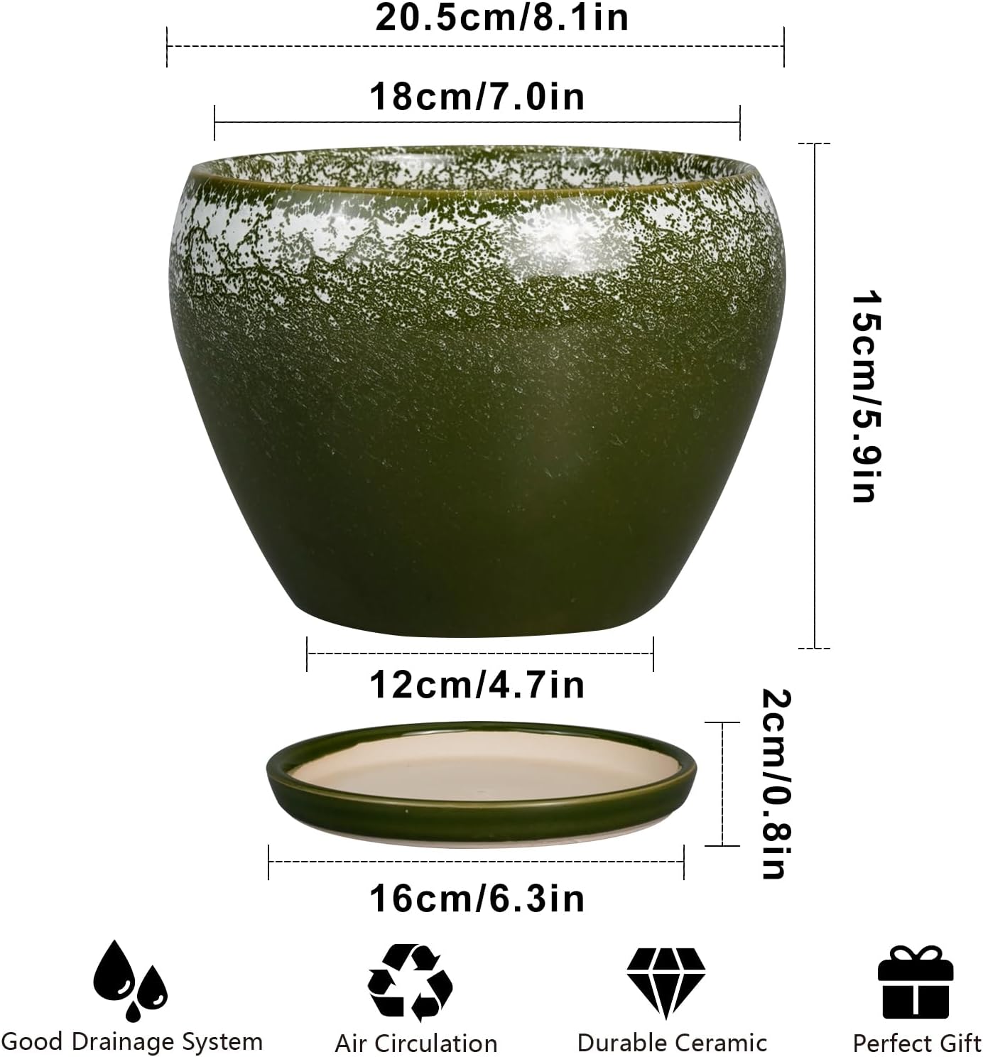 8 Inch Plant Pot - Ceramic Planter with Drainage Hole and Saucer, Modern Flower Pot for Glazed Indoor Plants Outdoor, Dark Green