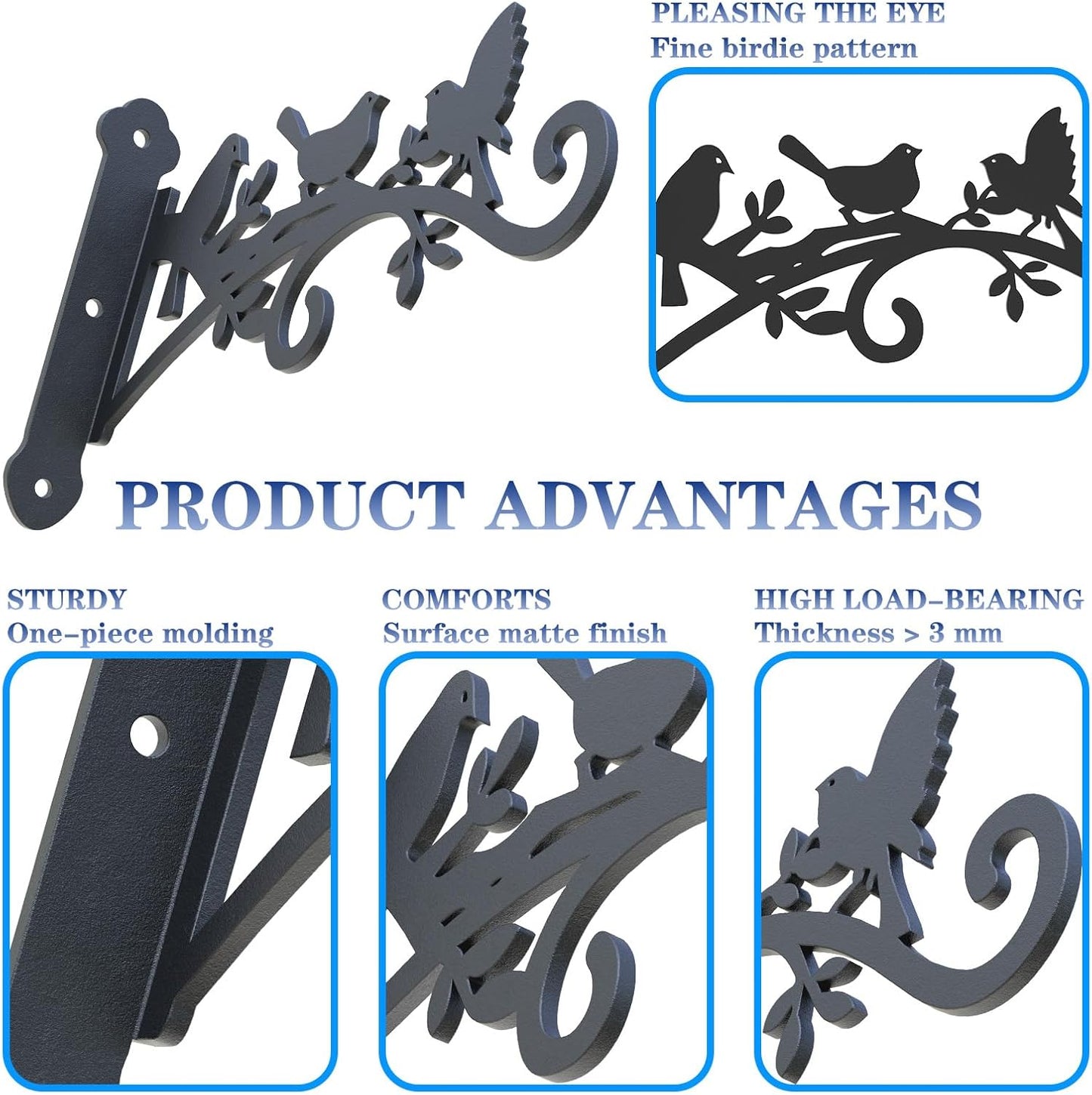 Metal Hanging Plant Bracket with Birdie Pattern 2 Pack – Heavy Duty Plant Hooks for Hanging Flower Baskets，Plants, Bird Feeder, Wind Chime - Indoor/Outdoor Use，Black Matte Texture (9 in)