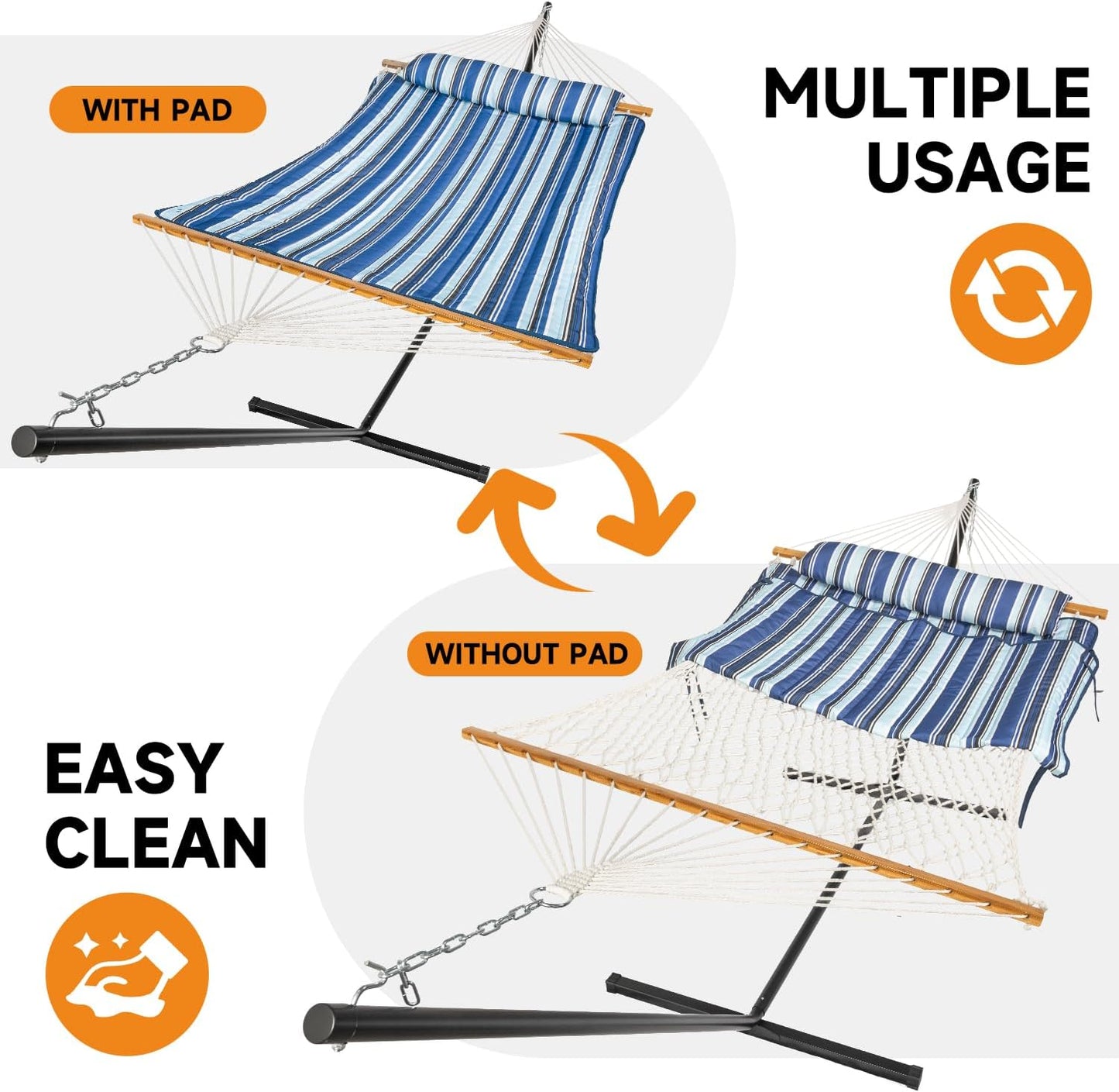 2 Person Outdoor Hammock with Stand, Cotton Rope Hammock with Polyester Pad, Adjustable Steel Frame, Portable with Carrying Bag – for Patio, Backyard, Garden, Beach, Blue Stripe