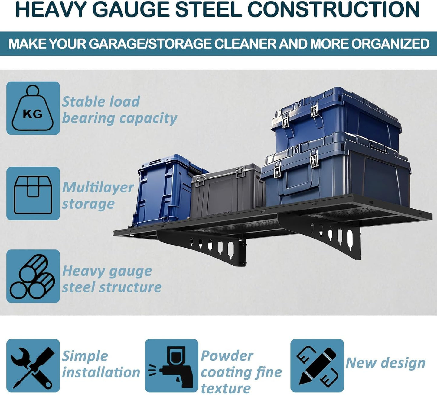 New 1 Pack Garage Wall Shelving, Heavy Duty 1.5' x 3.8' Wall Mount Storage Shelf with Hooks, Garage Storage Rack Floating Shelves, Holds 250 lbs Each