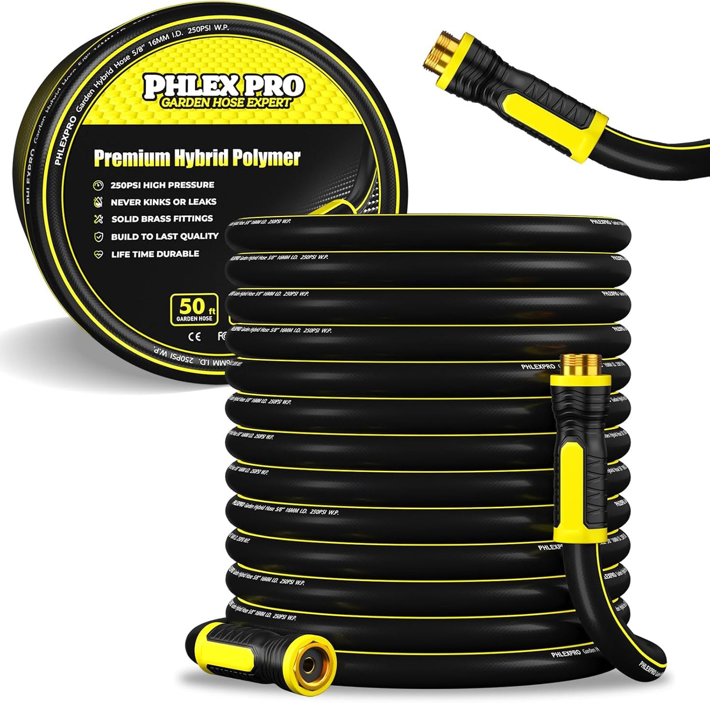 Garden Hose 50FT - PHLEX PRO Heavy-Duty Premium 5/8'' Rubber 3-Layer Water Hose - Innovation Flexible Hybrid Lightweight Water Hose, Full Brass Male to Female Fittings (RyobiGreen)