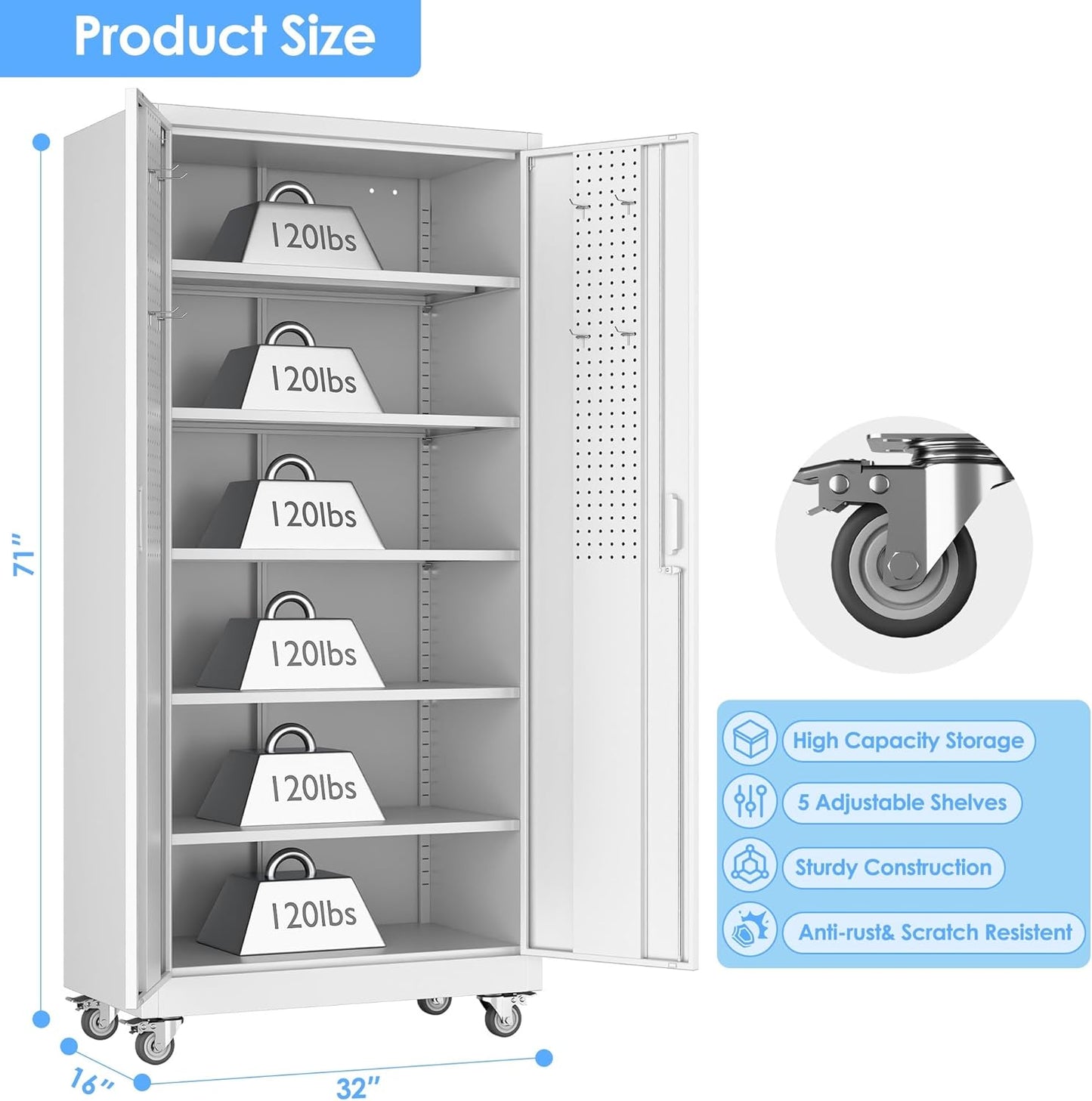 Metal Garage Storage Cabinet with Wheels & Pegboard, Lockable Metal Storage Cabinets with 2 Doors&5 Adjustable Shelves for Garage&Home,Assembly Required,White 71''H x32''W x16''D