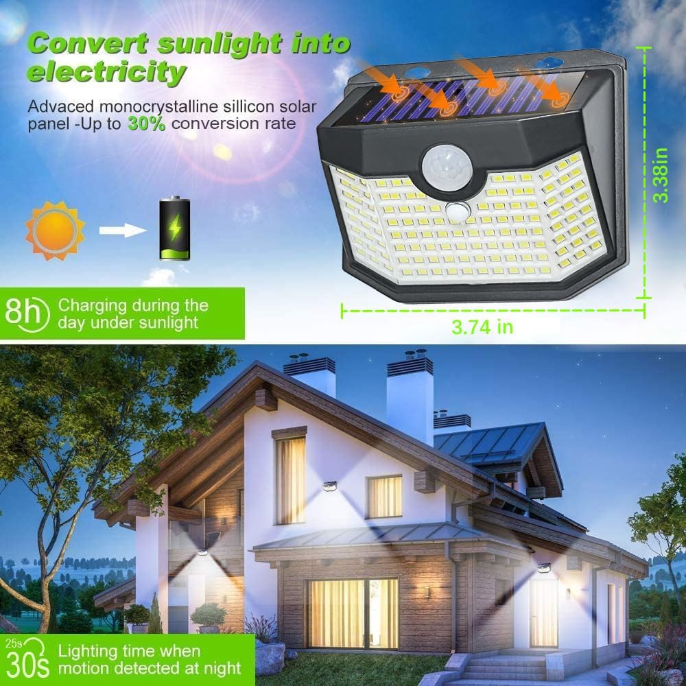 HMCITY 120 LED Outdoor Solar Lights with Motion Sensor and 3 Lighting Modes, IP65 Waterproof Wide Solar Wall Lights Ideal for Garden Patio Yard (Front Button 4Packs, Daylight White)