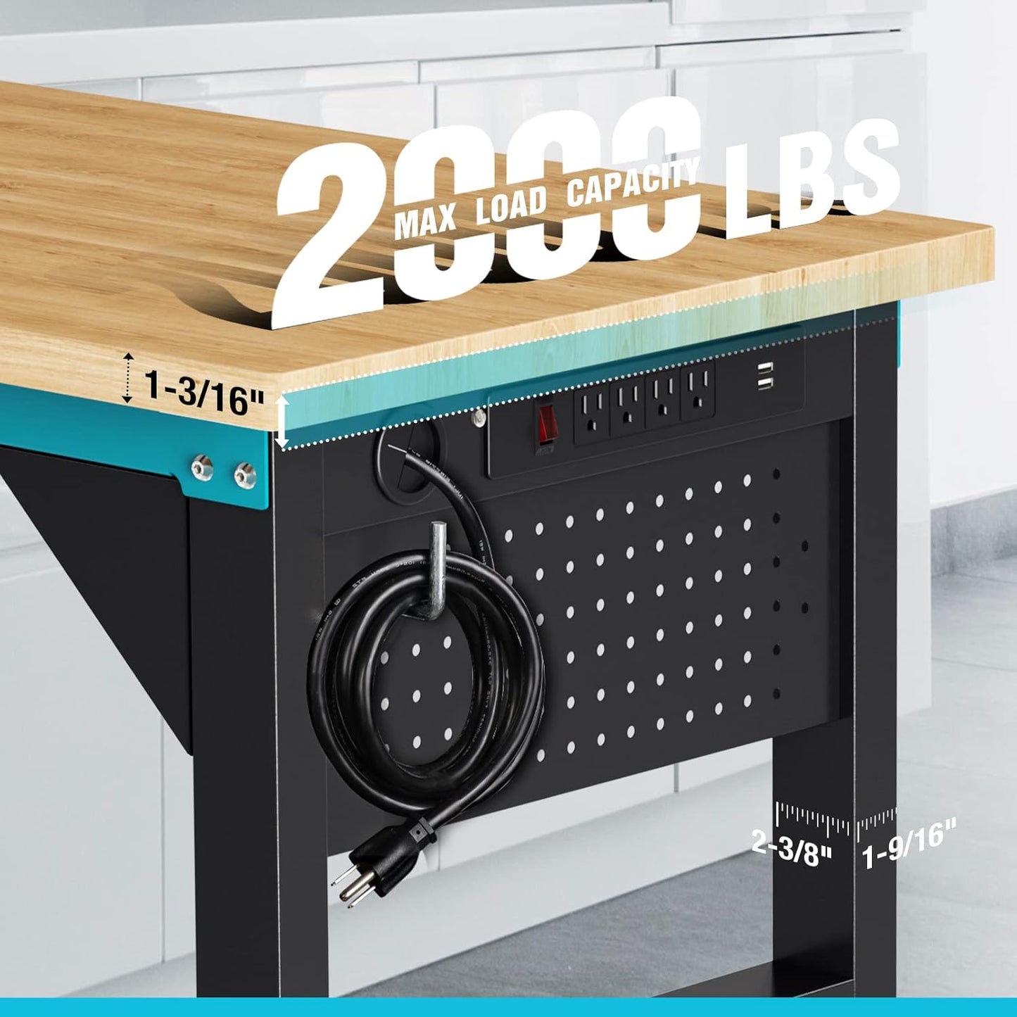 DURATECH 72” Adjustable Workbench, Heavy-Duty Rubber Wooden Top Worktable with a Drawer, 6ft Workstation with Power Strip, Peg Board, 2000 LBS Load Capacity for Workshop Garage Office Home