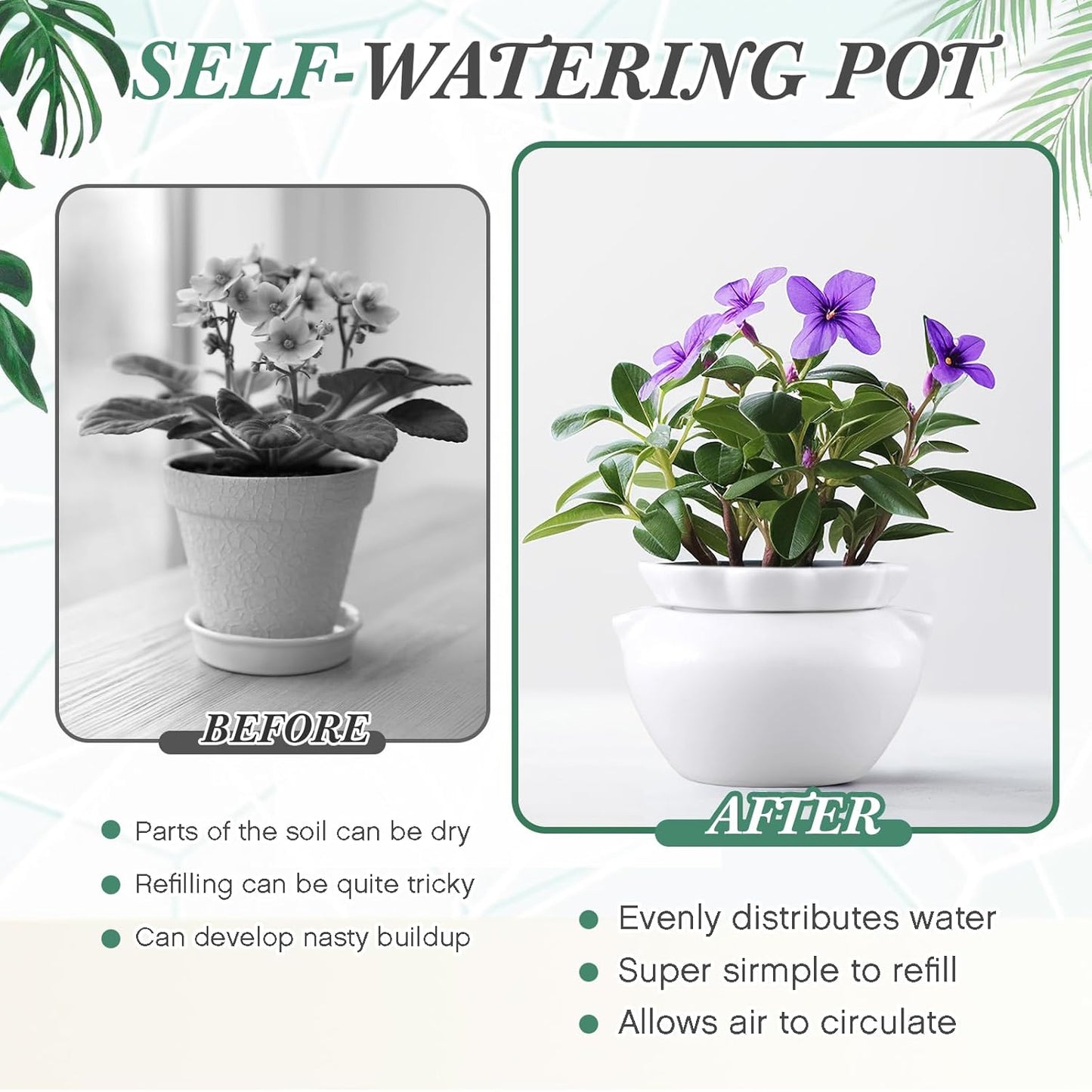 2 Set 7.5 Inches African Violet Pots Self Watering White Ceramic Pot for Indoor Plants, Flowerpot with Highly Absorbent Inner Pot for Busy Plant Lovers, Plant Care