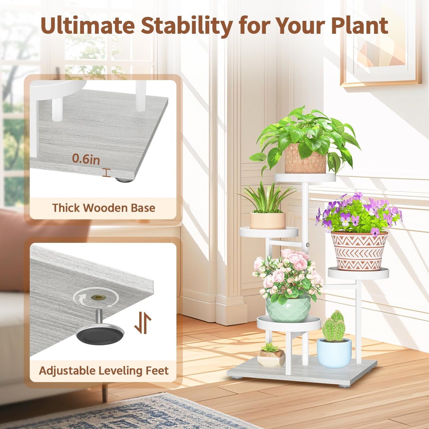 LASZOLA White 4 Tier Plant Stand Indoor Heavy Duty Rack for Modern House Planter, Metal and Wooden Vertical Organizer Decor Narrow Bathroom Floor, Sturdy Multi Level Flower Holder Raised, Cat Proof