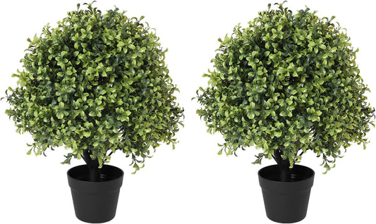 THE BLOOM TIMES 2ft Faux Boxwood Plants Outdoor Set of 2, Topiary Balls Artificial Outside Trees, 24" UV Resistant Fake Greenery Bushes & Shrubs for Front Porch Planter
