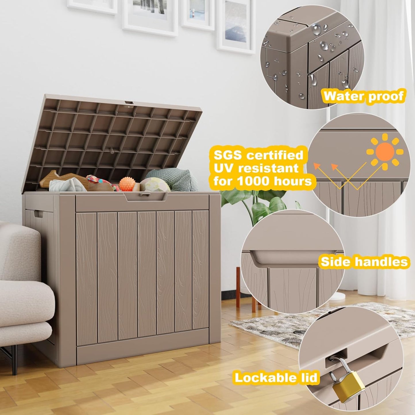 30 Gallon Resin Deck Box, Lockable Outdoor Storage Box for Patio Cushions Storage Furniture,Garden Tools, Pool Supplies, Weatherproof and UV Resistant- Grey