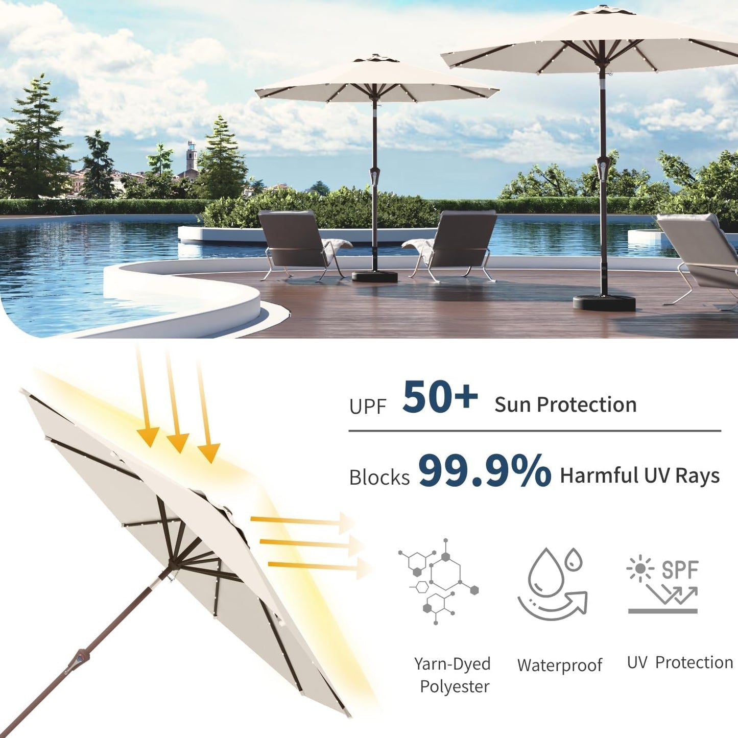 10FT Solar Umbrella 32 LED Lighted Patio Umbrella Table Market Umbrella w/Tilt and Crank, UV-Resistant Outdoor Umbrella for Pool, Garden, Deck, Creamy White