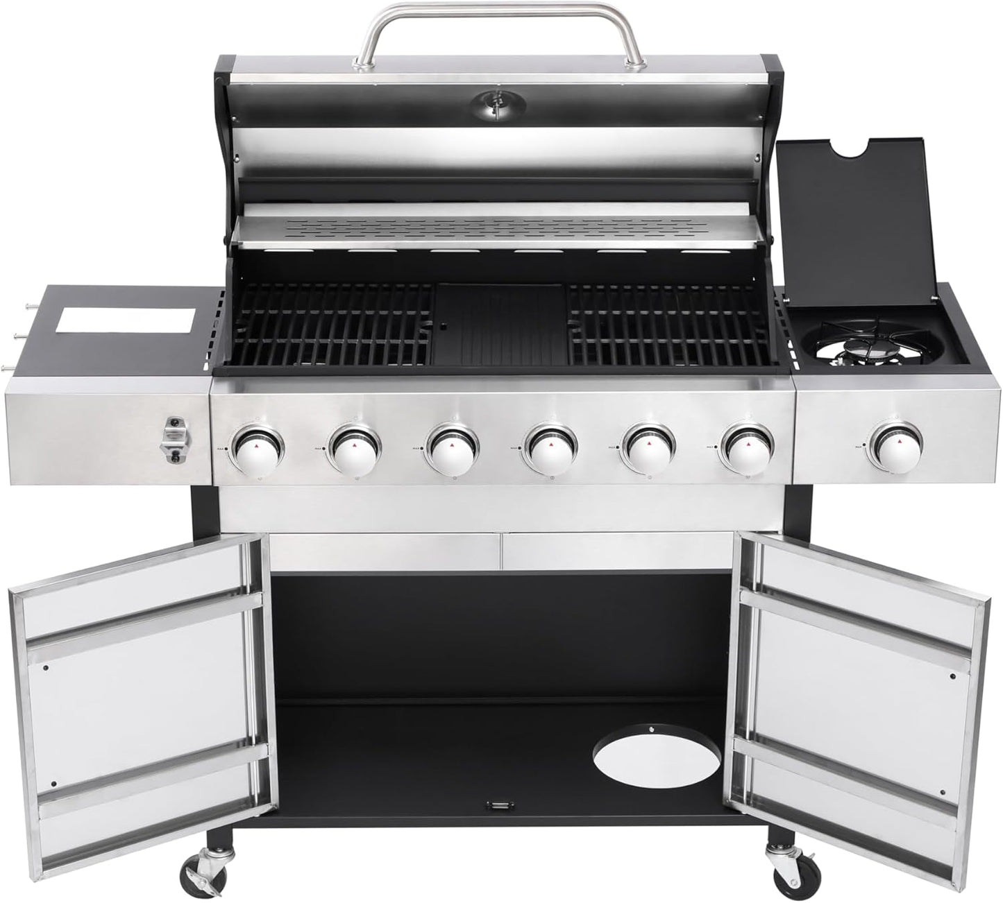 6-Burner Propane Gas BBQ Grill with Side Burner, 57,300 BTU Output, Enameled Cast Iron Grates, Heavy-Duty Stainless Steel Outdoor Grill for Backyard Barbecue