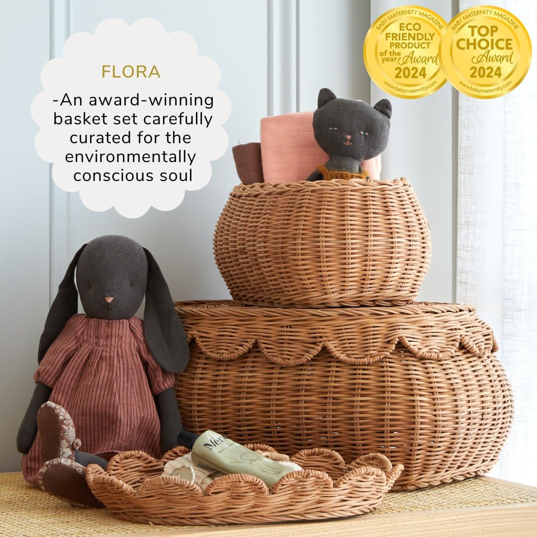 BEBE BASK The Original Scalloped Basket Set Of 2 - Small Scallop Basket - 15 x 10 x 6 In - Hand-Woven & Award-Winning - Elegant Wicker With Scalloped Edge Lid - Nursery Storage - (Mocca)