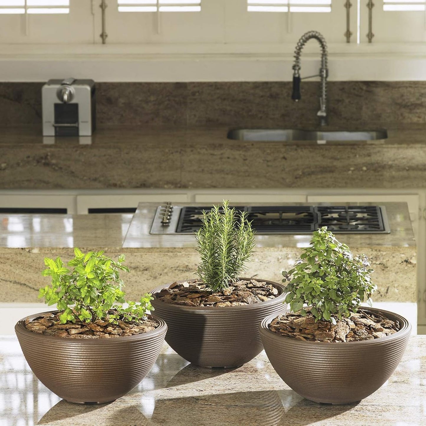 Crescent Garden Delano Bowl Planter, Indoor Outdoor Round Shallow Plant Pot for Water Garden, Bonsai Plant Pots, Succulents with Drain Hole - Double Walled Bowl Lotus Pot, 16" W (Mocha)