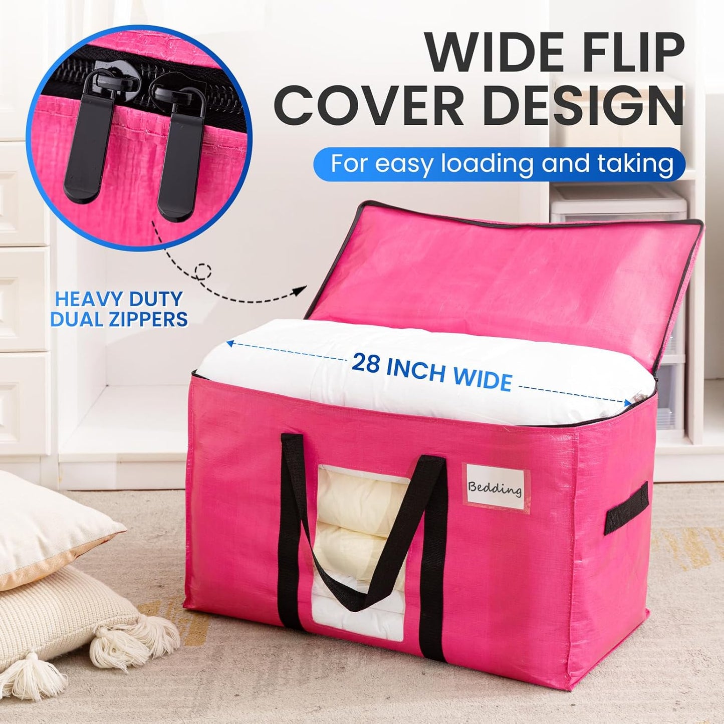 TAILI 8 Pack Pink Extra Large Moving Bags, Heavy Duty Totes with Visible Window, Wrap Around Handles, Space-Saving Storage, Alternative to Moving Boxes