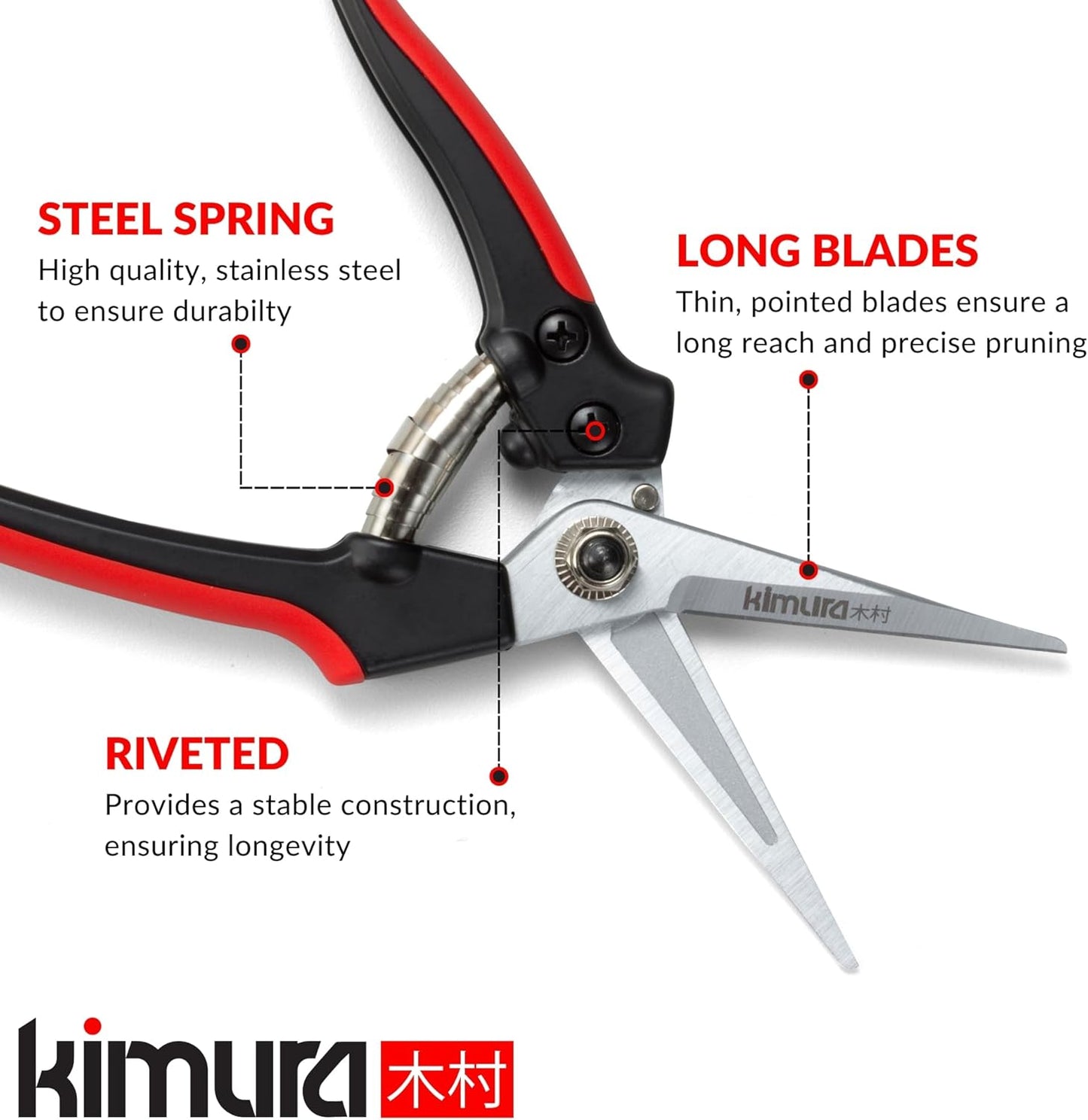 Kimura® 8" Pro Pruning Scissors, Premium Japanese SK5 Hi-Carbon Steel Blades, Non-Slip Vinyl Coated Handles, Lightweight & Ergonomic, Multi-Tasking Pruning Shears, Garden Snips, Precision Clippers