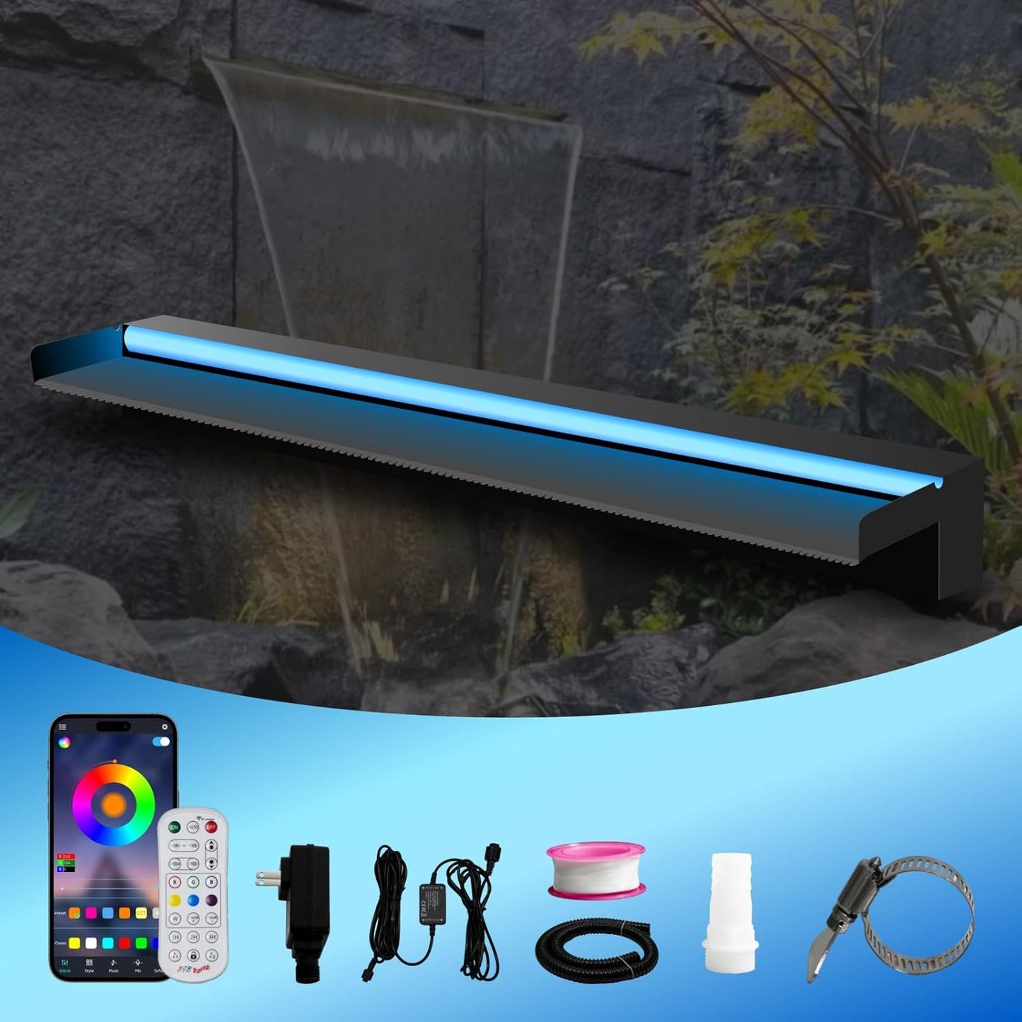 Pool Waterfall Spillway Stainless Steel Pond Fountain, APP Control Colorful LED Lighted Outdoor Black Fountains, Water Flow Spillways Kit for Koi Pond, Swimming Pool, Garden-35.4"x7.8"x3.9"