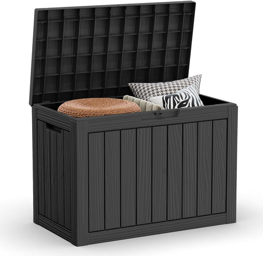 45 Gallon Outdoor Deck Box,Storage Lockable Waterproof Patio Furniture,Garden Tools,Cushions,Pool Accessories Outside Storage Resin Box(Black)