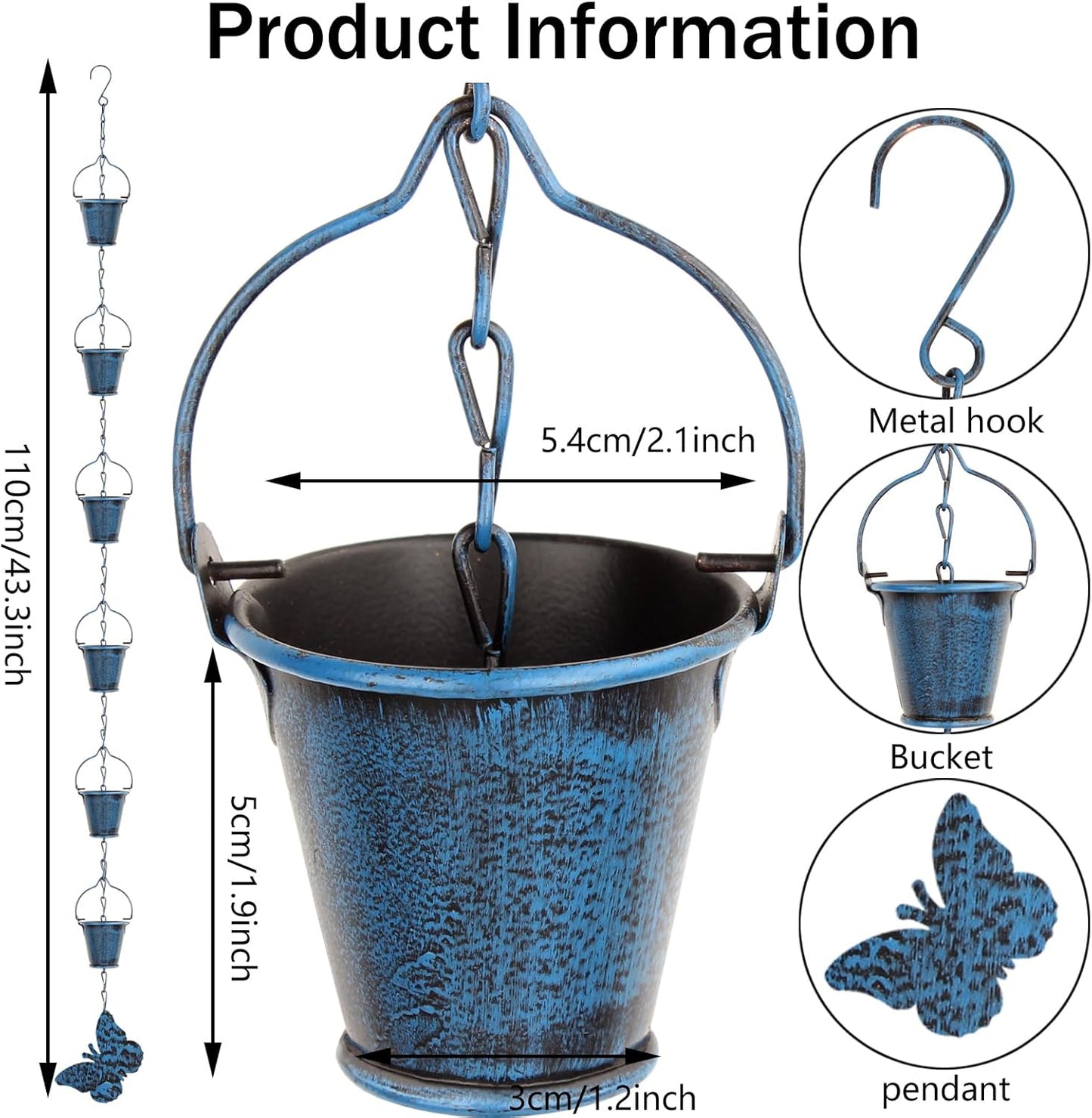 Rain Chain for Outsidewith 1 Adapter,Wrought Iron Rain Chains 9 FT Set,Rain Chains for Gutter with Rain Chain 16 Cup and Decorative Butterfly(Retro Blue)