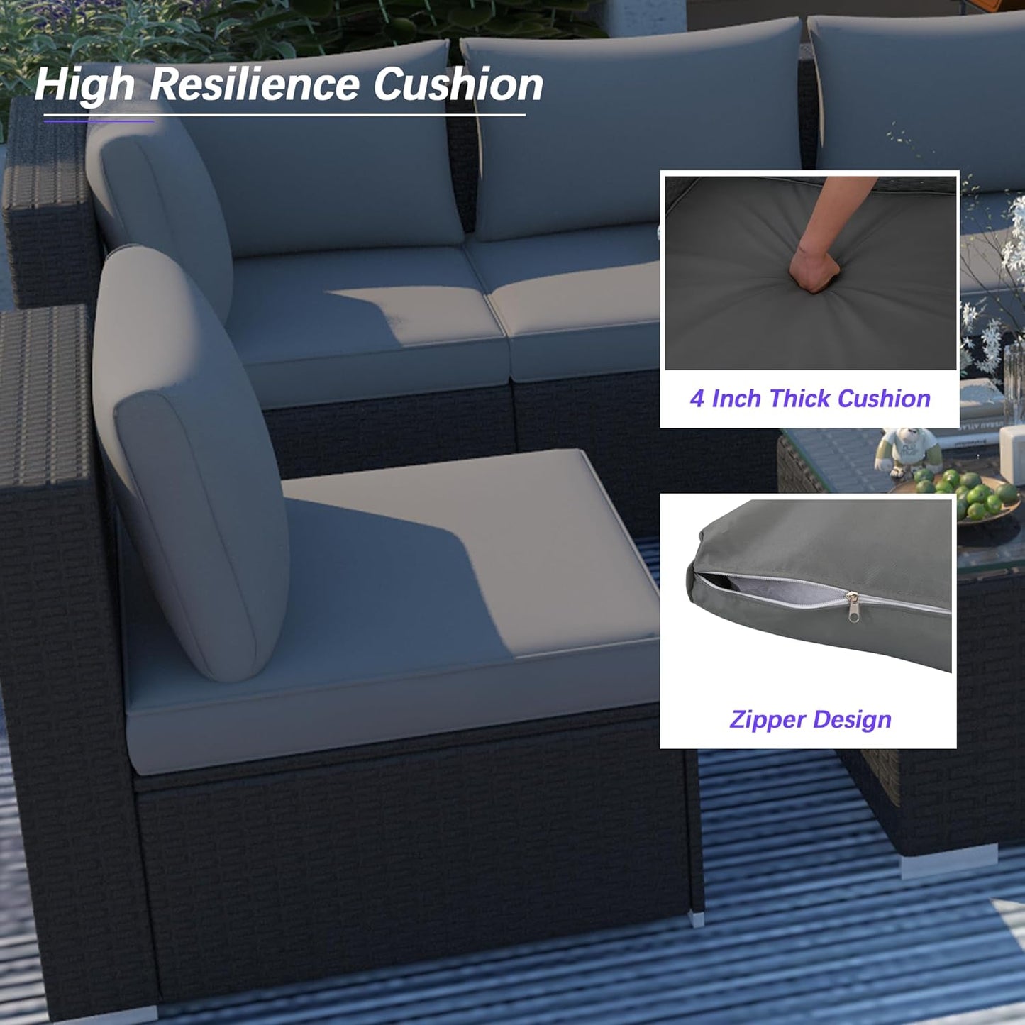 7 Piece Patio Furniture Set, Outdoor Couch Set—All-Weather Outdoor Furniture Sectional w Water Resistant ThickCushions, Patio Sofa Set w 2 Extra Pillows and Coffee Table, Deep Gray/Black