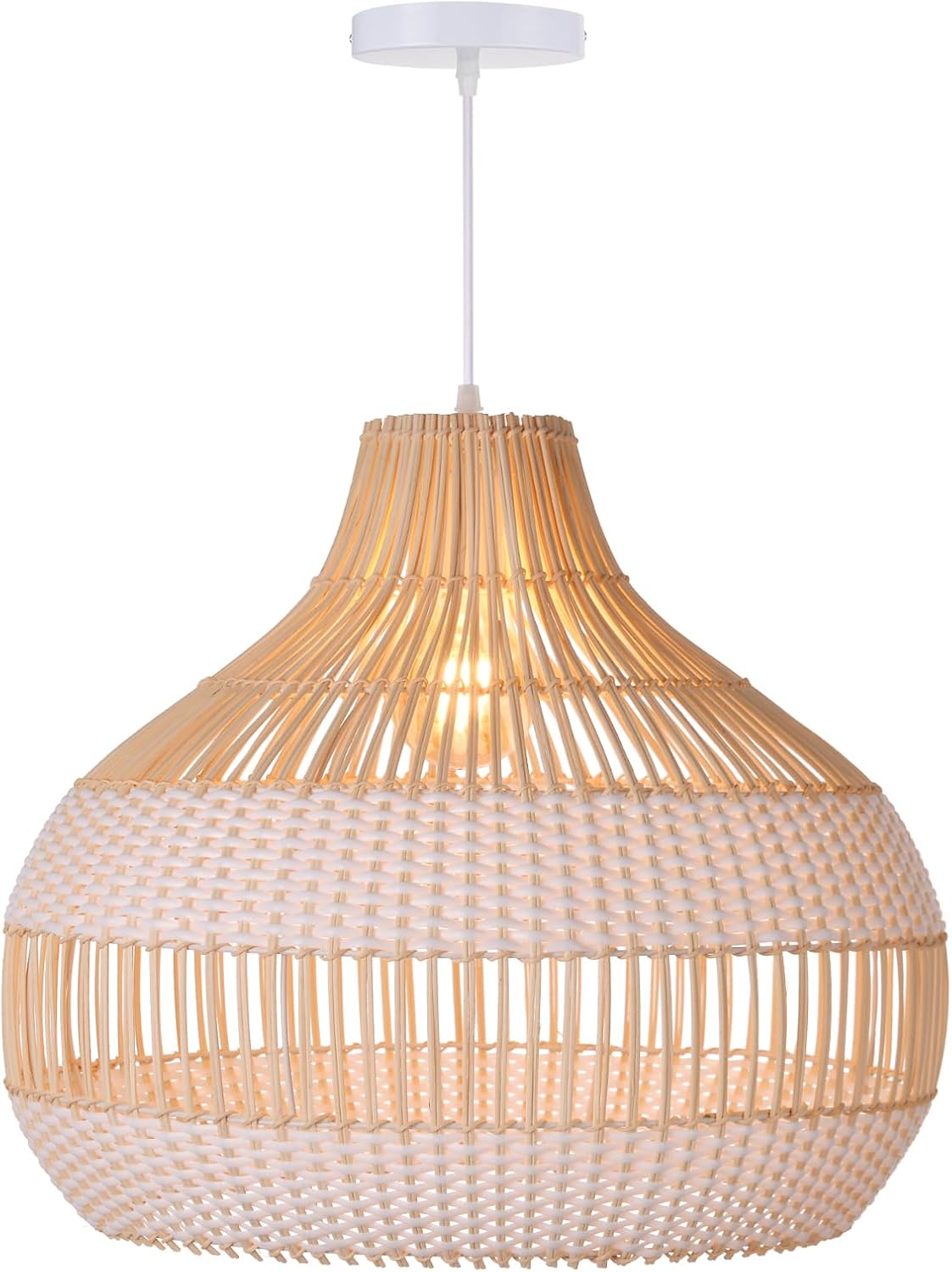 Arturesthome Woven Pendant Light 19.65" White Dining Room Lighting Adjustable Natural Rattan Pendant Lighting with Plastic for Restaurants Sitting Room