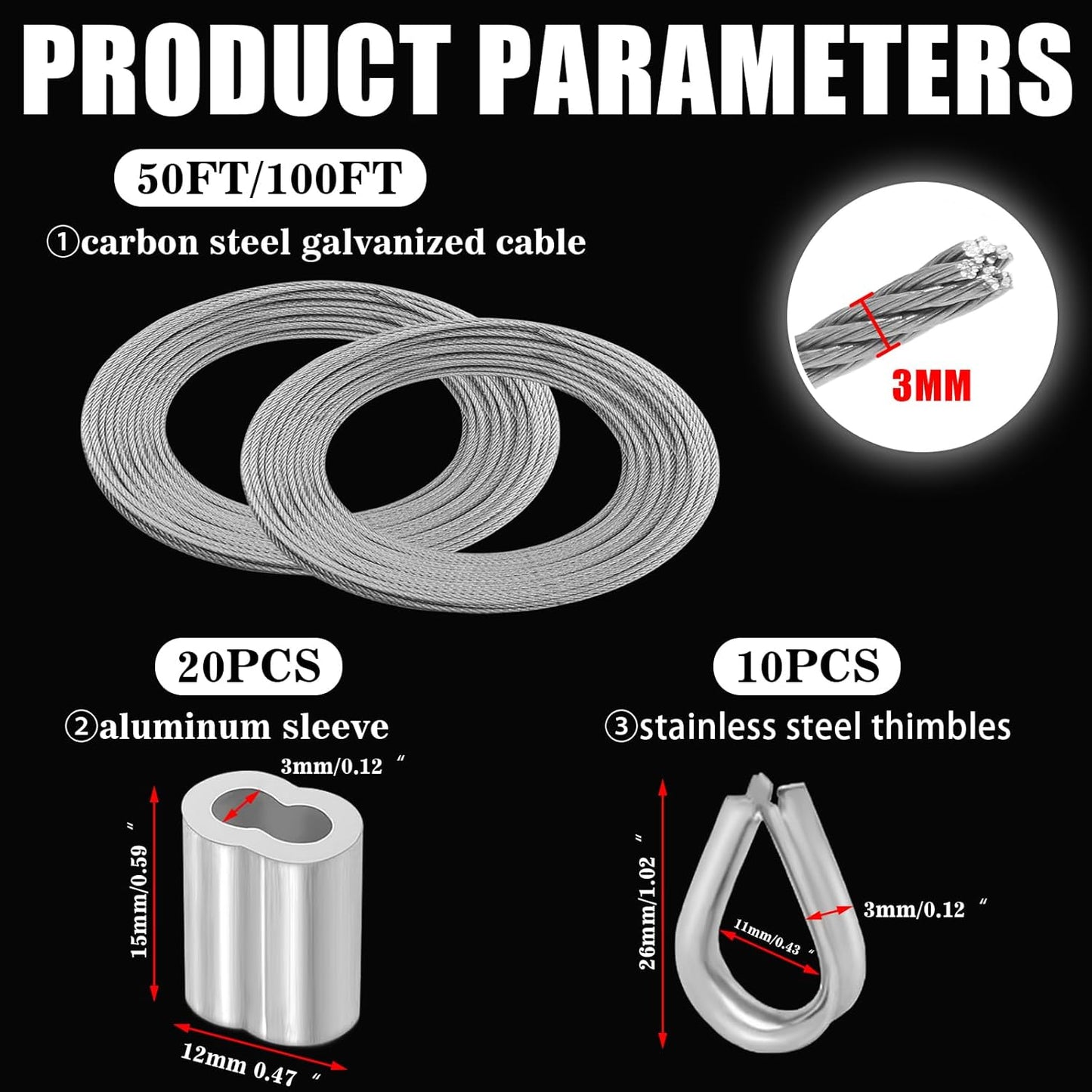 Metal Wire 1/8 inch Carbon Steel Galvanized Cable 50FT Length Aircraft Cable 7x7 Strand Core Picture Hanging Wire with 10 Pcs Thimbles and 20 Pcs Aluminum Sleeves