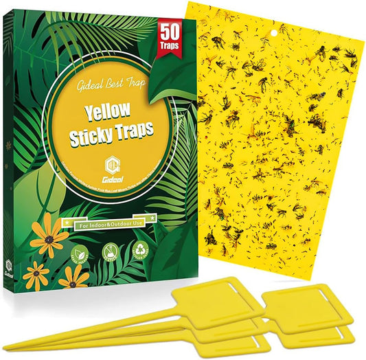 Gideal 50-Pack Dual-Sided Yellow Sticky Traps for Flying Plant Insect Fungus Gnats Whiteflies Aphids Leafminers Thrips (6x8 Inches, Included 50pcs Twist Ties)