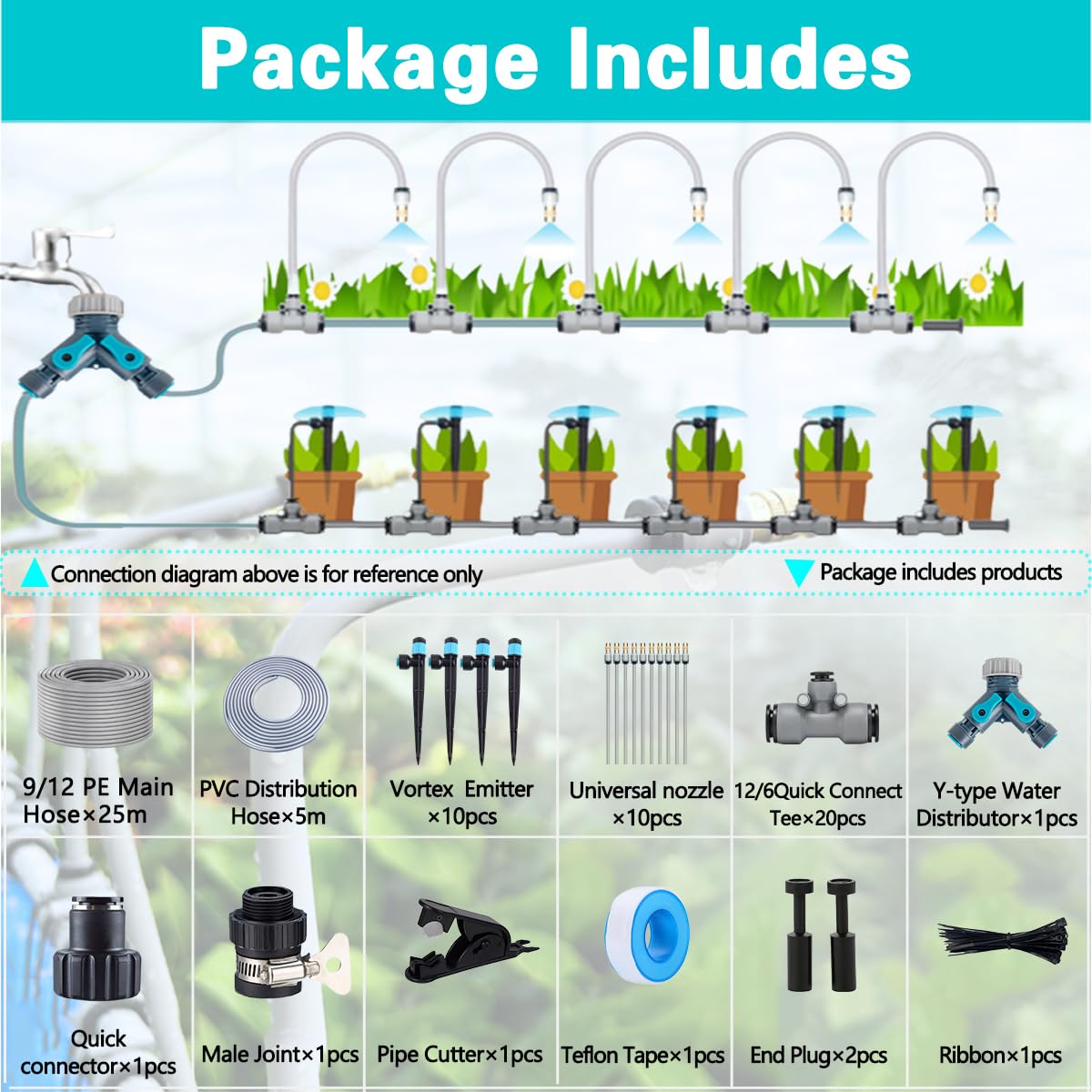 98FT Drip Irrigation System Kit,Quick Installation and Disassembly,with Y-Type Distribution Water Separator,Atomization and Drip Irrigation Nozzles,Flowerpot Garden Plant Yard Watering System.