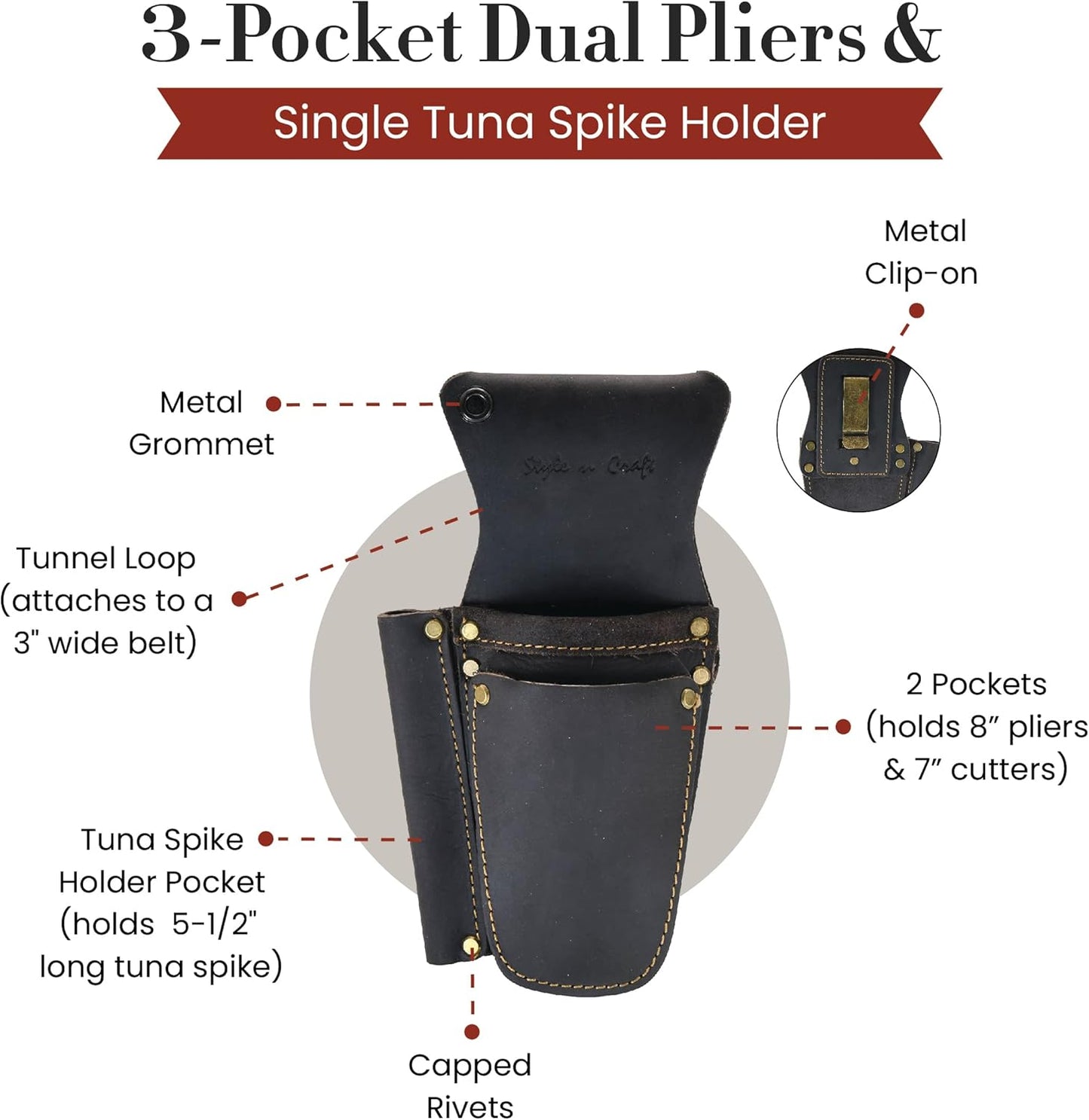 Style N Craft 70012-3 Pocket Dual Pliers & Single Tuna Spike Holder in Oiled Leather - Dark Brown