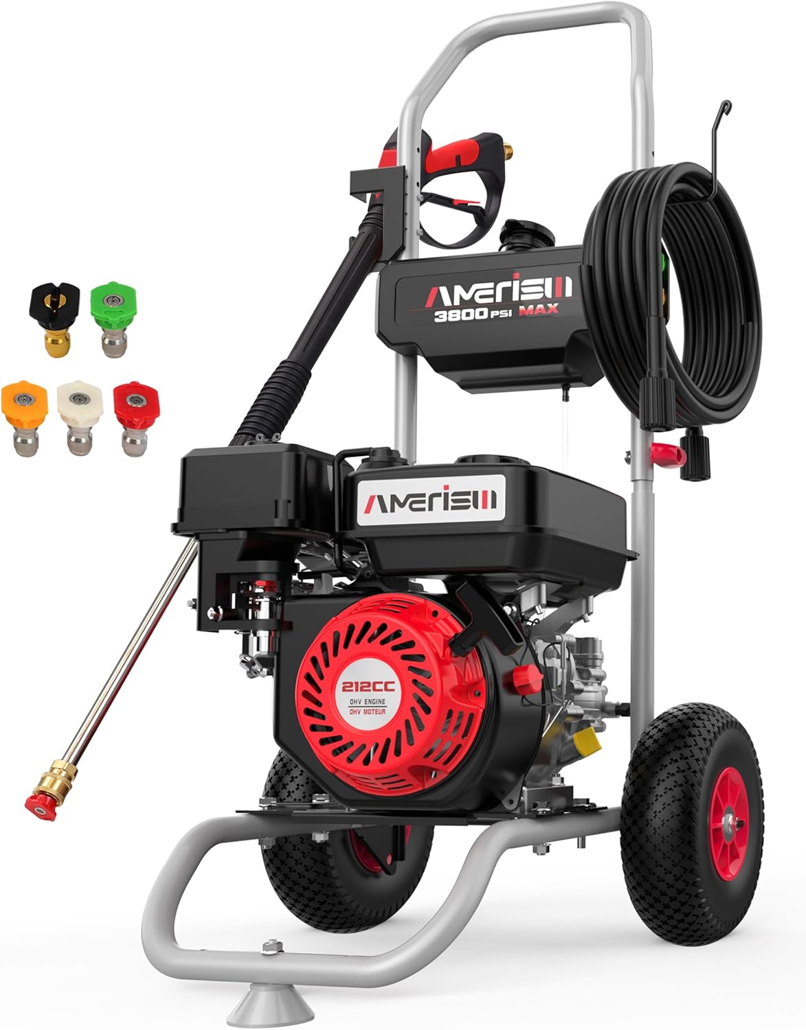 Gas Pressure Washer 3800 PSI and 2.5 GPM, 212CC, with Onboard Soap Tank, 10" Wheel, 5 Nozzle Set, for Cars/Fences/Homes/Patios/Furniture