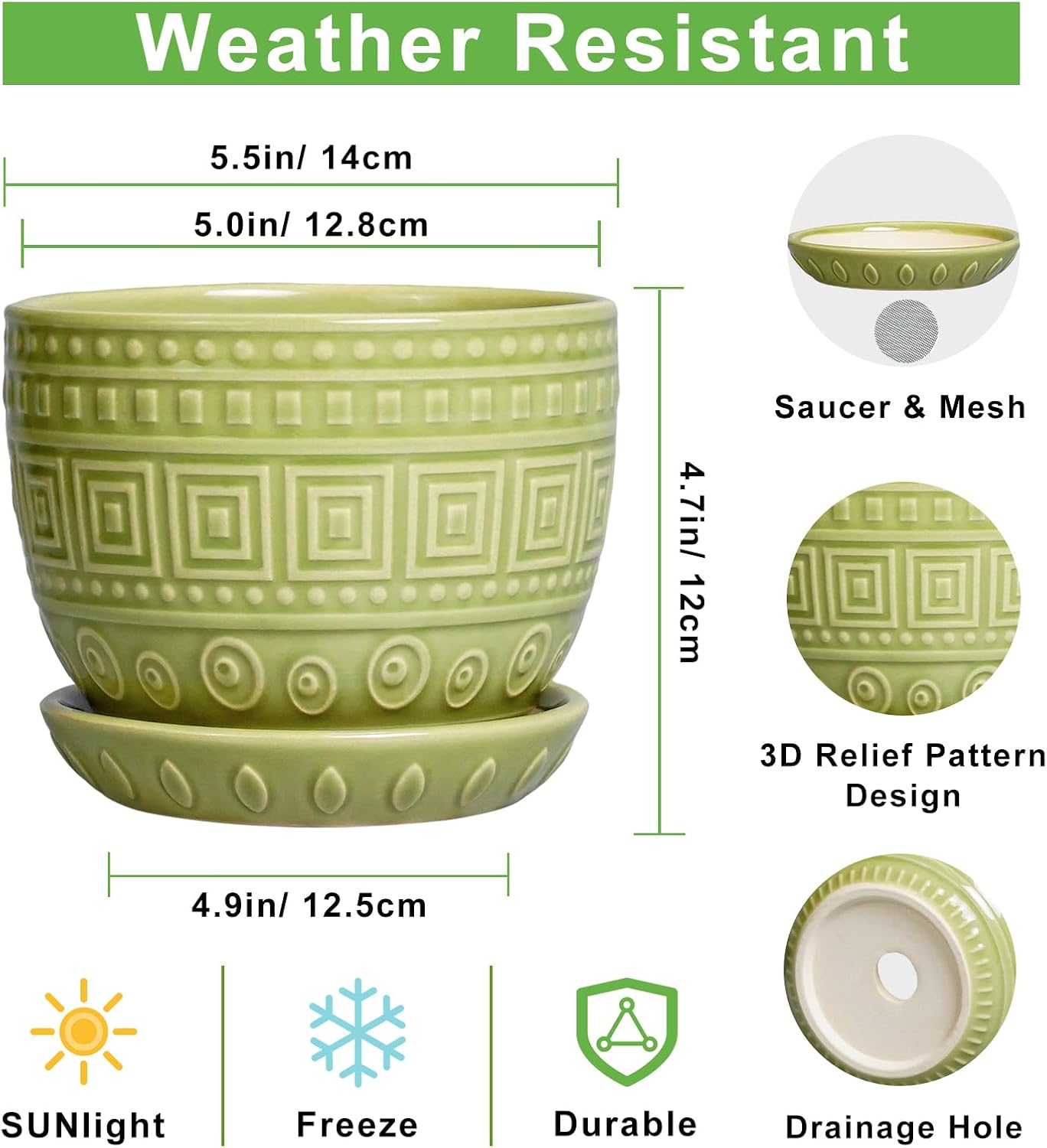 G EPGardening Ceramic Pots for Plants - 5.5 Inch Round Ceramic Planter for Indoor, Boho Succulent Pot with Drainage Hole and Plant Saucer, Gift for Plant Lover, Garden Home Desk Decor, Green