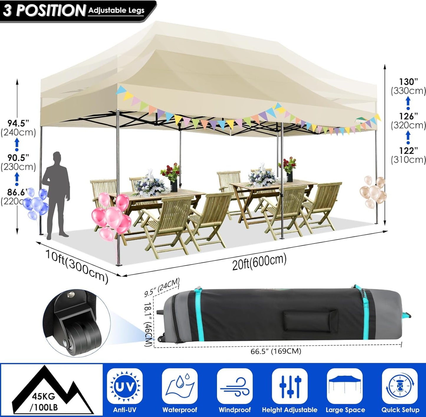 COBIZI 10x20 Canopy with Sidewalls, Heavy Duty Party Tent Pop up carpas para Fiestas, Tents for Parties, Wedding, Outdoor Easy Pop up Foldable Portable Canopy Tent with Wheeled Bag, Khaki Upgrade