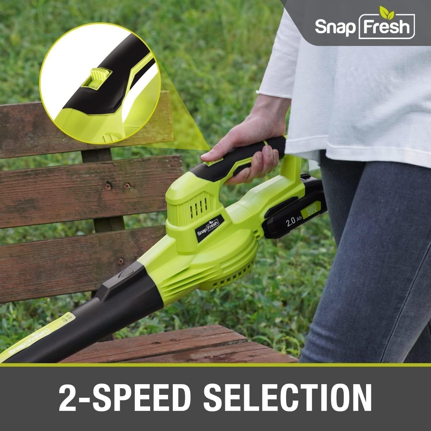 SnapFresh Cordless Leaf Blower - 20V Electric Leaf Blower with 2.0 Ah Battery and Charger - Lightweight 2-Speed Leaf Blower for Lawn Care and Yard/Garden/Patio Cleaning