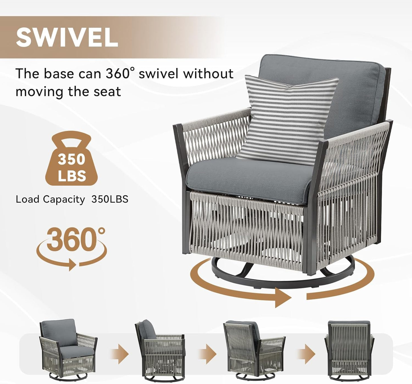 Patio Furniture Wicker Outdoor Conversation Set, 6-Piece All Weather Patio Furniture Rattan Sofa Sets w/Swivel Rocking Chairs & Ottomans, Side Table for Backyard, Balcony, Deck, Dark Grey