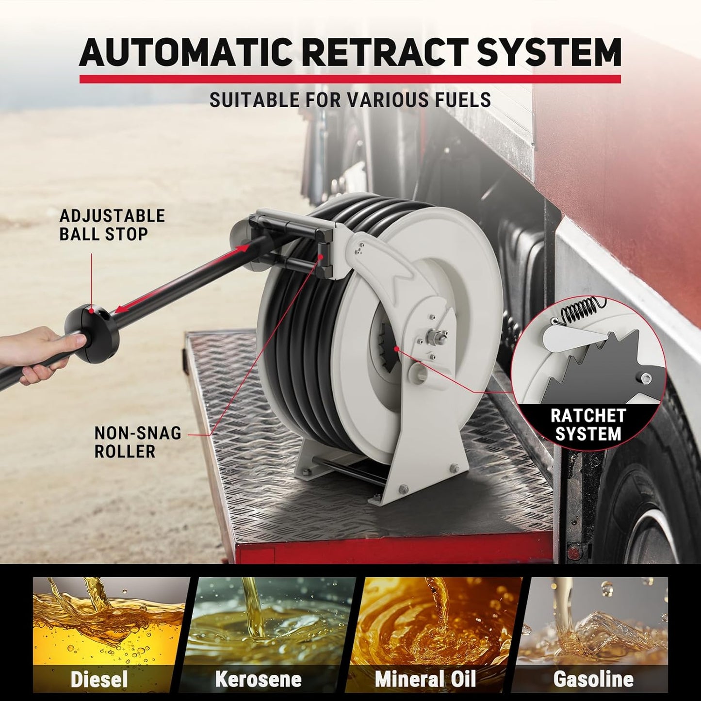 Fuel Hose Reel 3/4" x 50' Retractable with Fueling Nozzle Diesel Hose Reel 300 PSI Industrial Auto Swivel Heavy Duty Steel Construction for Farm Ship Vehicle Tank