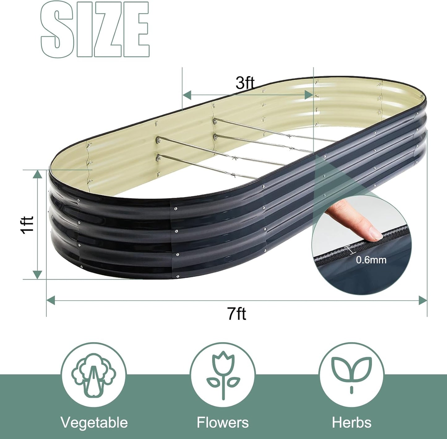 2Pcs 12" Tall Coal Grey Oval Galvanized Steel Raised Garden Bed - 7x3ft Modular Metal Planter Box for Outdoor Gardening | Durable Metal Raised Flower Beds Outdoor Large Planters