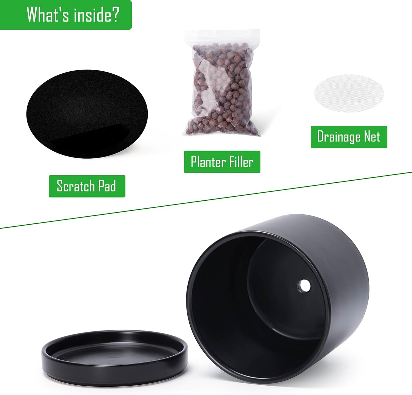 D'vine Dev 4 Inch & 6 Inch & 8 Inch, Set of 3 Round Ceramic Planter Pot with Drainage Hole and Saucer, Black, 94-T-M-2