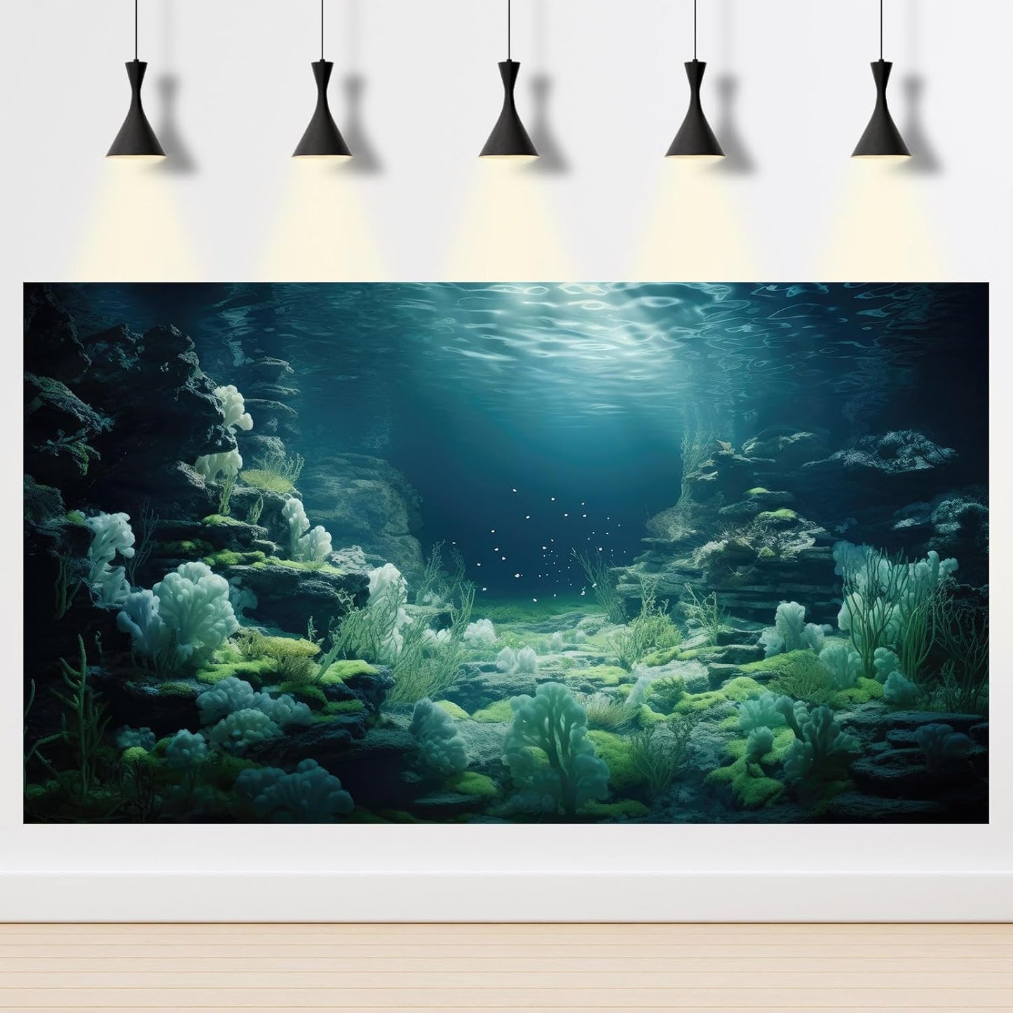 Aquarium Background Underwater Bioluminescent Life Coral Terrarium Backdrop White Coral Lush Moss Fish Tank Background Rock Sunlight Rays Tank Aquarium Wallpaper Poster Vinyl 30x12in