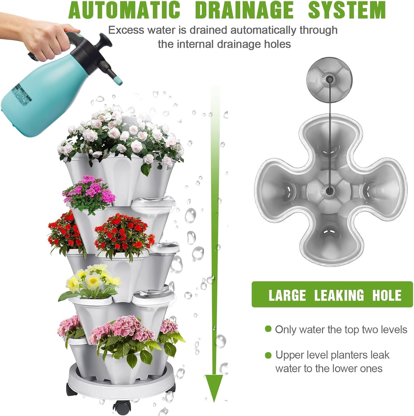 Vertical Strawberry Planter 5 Tier Stackable Tower Herb Planters-Stacking Garden Outdoor Planter Pot with Tools Mover for Succulents, Vegetables and Flowers