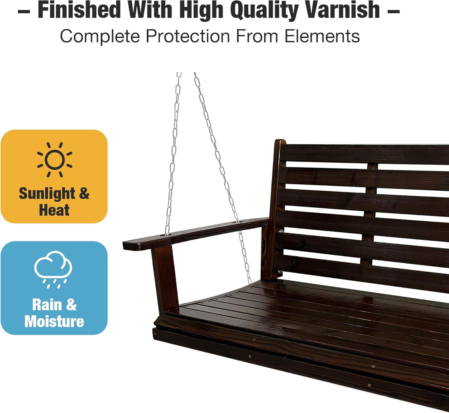Wooden Porch Swing, Ergonomic Seat, Bench Swing with Hanging Chains and 7mm Springs, Heavy Duty 880 LBS, for Outdoor Patio Garden Yard (Dark Brown, 2-Seater Extra Large)