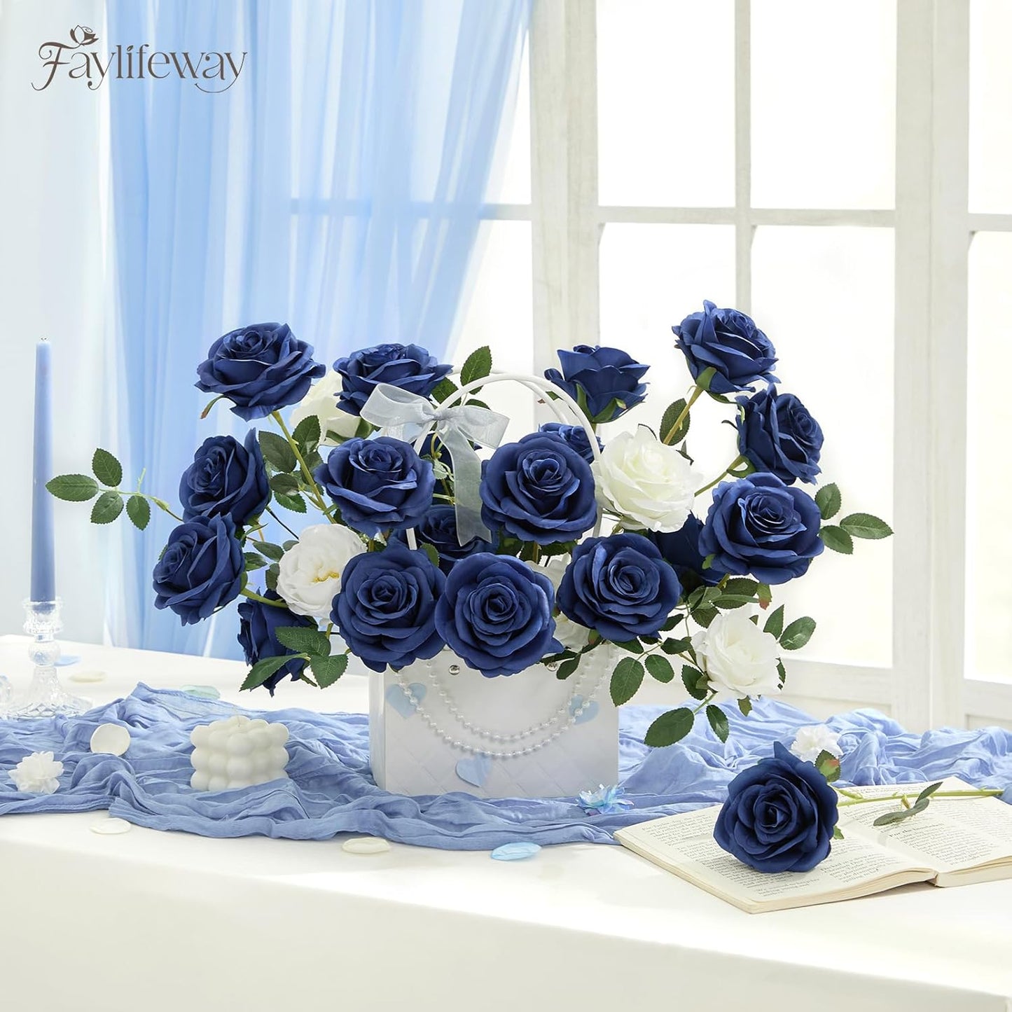 20PCS Artificial Dusty Blue Roses, 3.9'' Silk Flower Head Fake Blue Rose with Long Stems, Realistic Faux Roses Bouquet for Mother's Day DIY Wedding Home Party Office Decoration