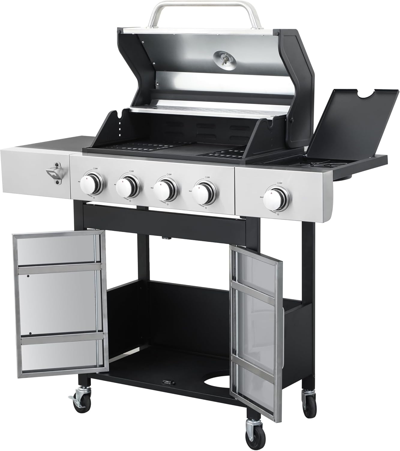 4-Burner Propane Gas BBQ Grill with Side Burner, 46,790 BTU Output, Enameled Cast Iron Grates, Heavy-Duty Stainless Steel Outdoor Grill for Backyard Barbecue