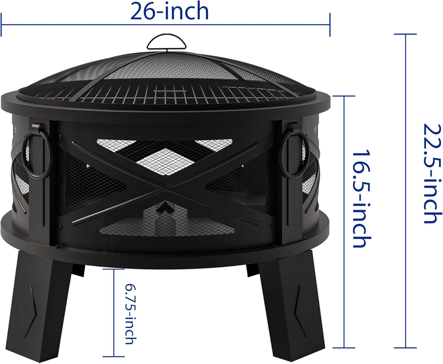 Fire Beauty 26"Steel Fire Pit with Grill Grate&Spark Screen,360° Airflow Boost Technology,Less Smoke,Larger Flames,Heavy-Duty Portable Camping Fire Pit for Backyard,Beach,RV (22lbs,4 Handles,Dual-Use)