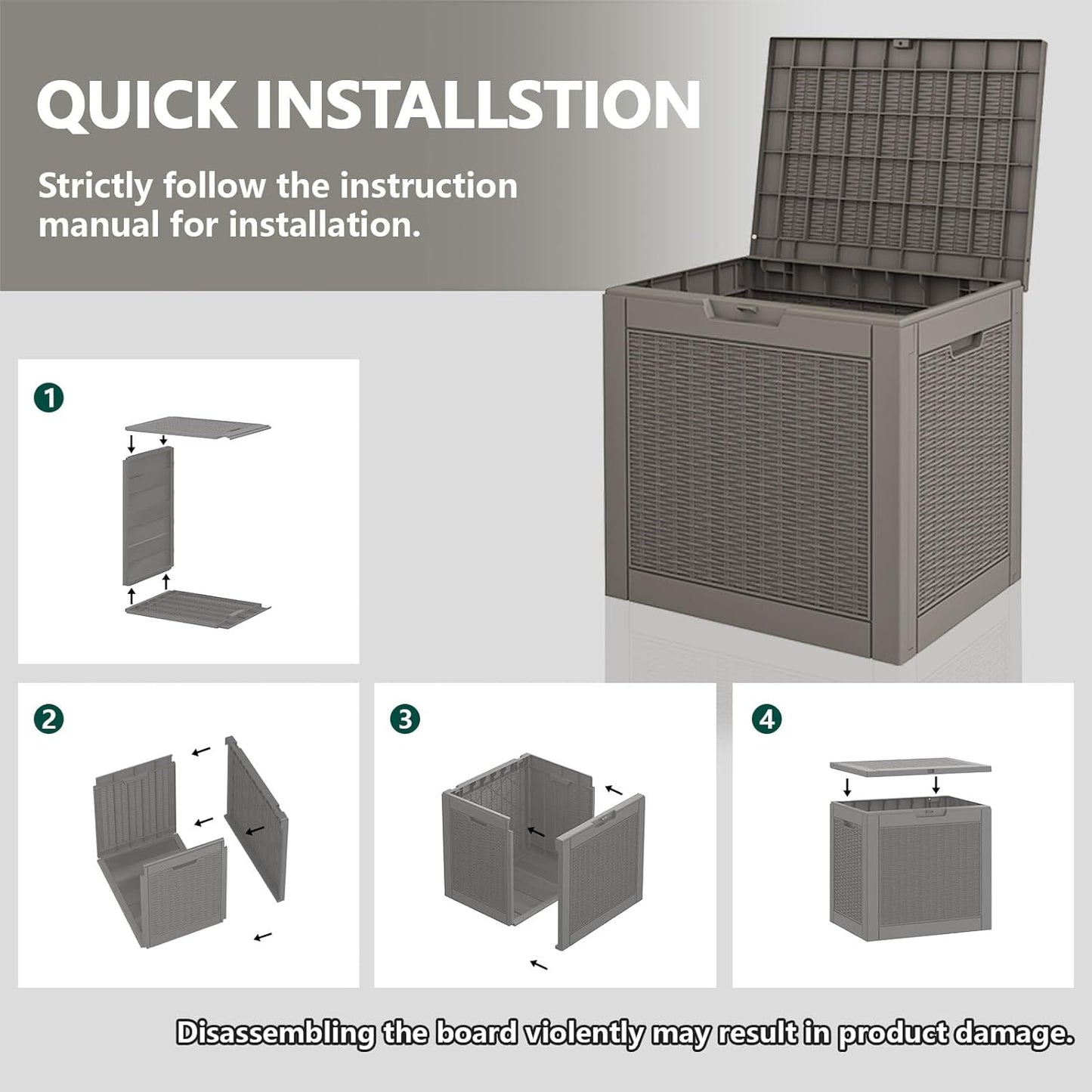 NUNU LAB 30 Gallon Waterproof Resin Deck Box, Lockable Outdoor & Indoor Storage Bench for Patio Cushions, Garden Tools, Pool Accessories & Package Deliveries – Grey