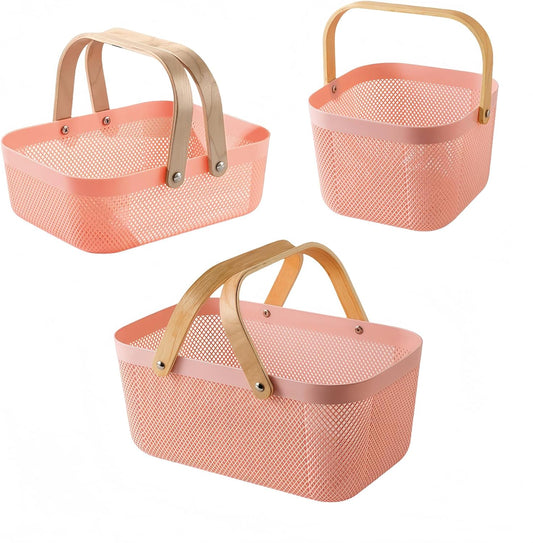 3pcs plastic harvest baskets, foldable wooden handles, rectangular garden storage baskets, for picking and collecting vegetables and fruits in the garden cabinet (Pink)