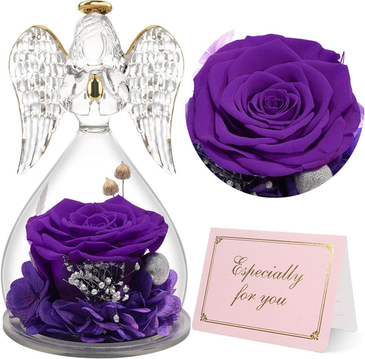 Yamonic Angel Figurines With Real Preserved Rose - Mom Birthday Gift for Grandma, Women - Mother's Day (Purple)